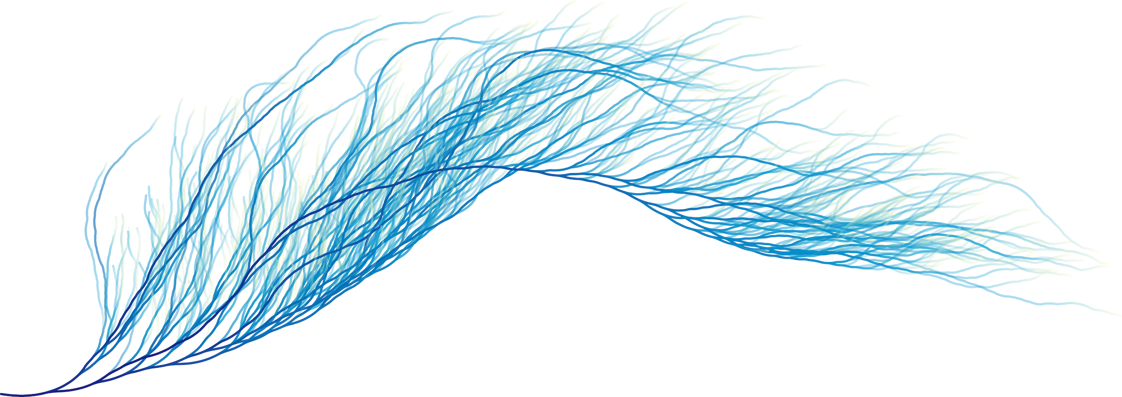 An ocean-colored visualization of the collatz conjecture, which looks like a feather